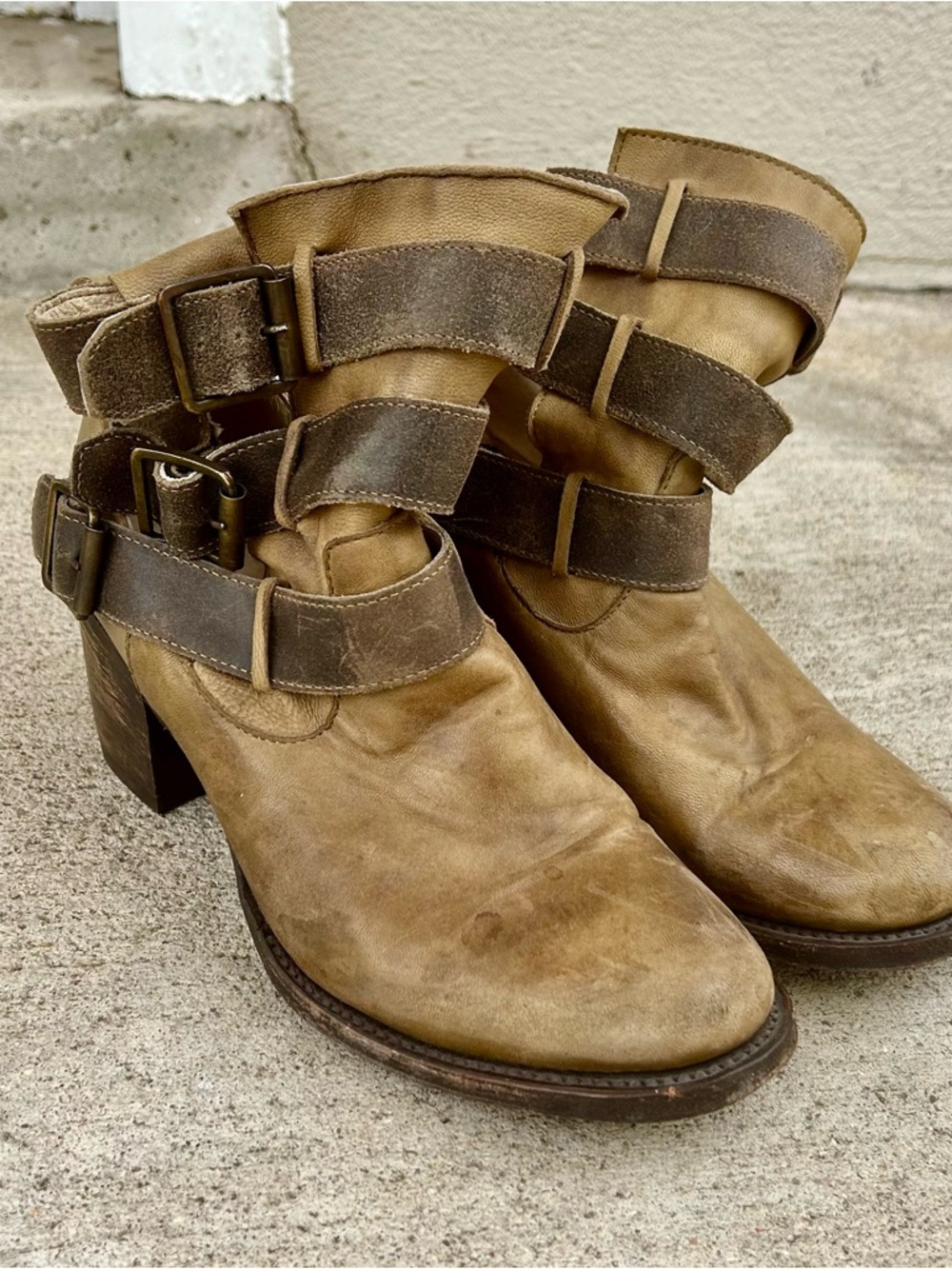 freebird by Steven Distressed Tan and Brown Buckle Ankle heel Booties